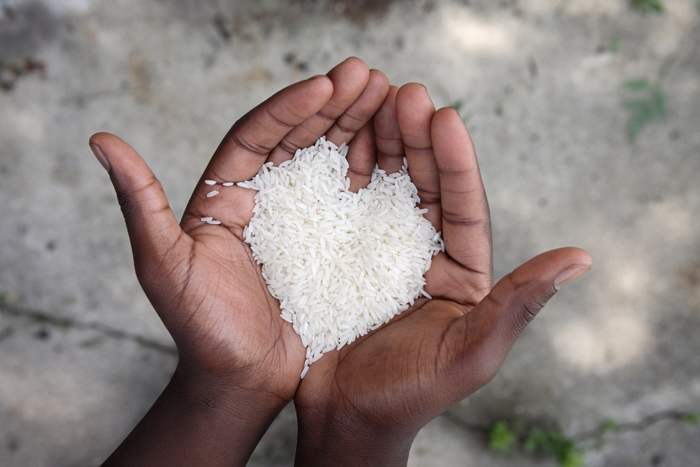 Hand holding rice in the shape of a heart